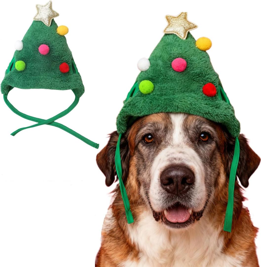 3 Pack Cat Christmas Tree Pom-Pom Hat, Dog Christmas Hat, Funny Soft Pet Hat, Santa Hat for Dogs Cats Pet Santa Gifts (Large)