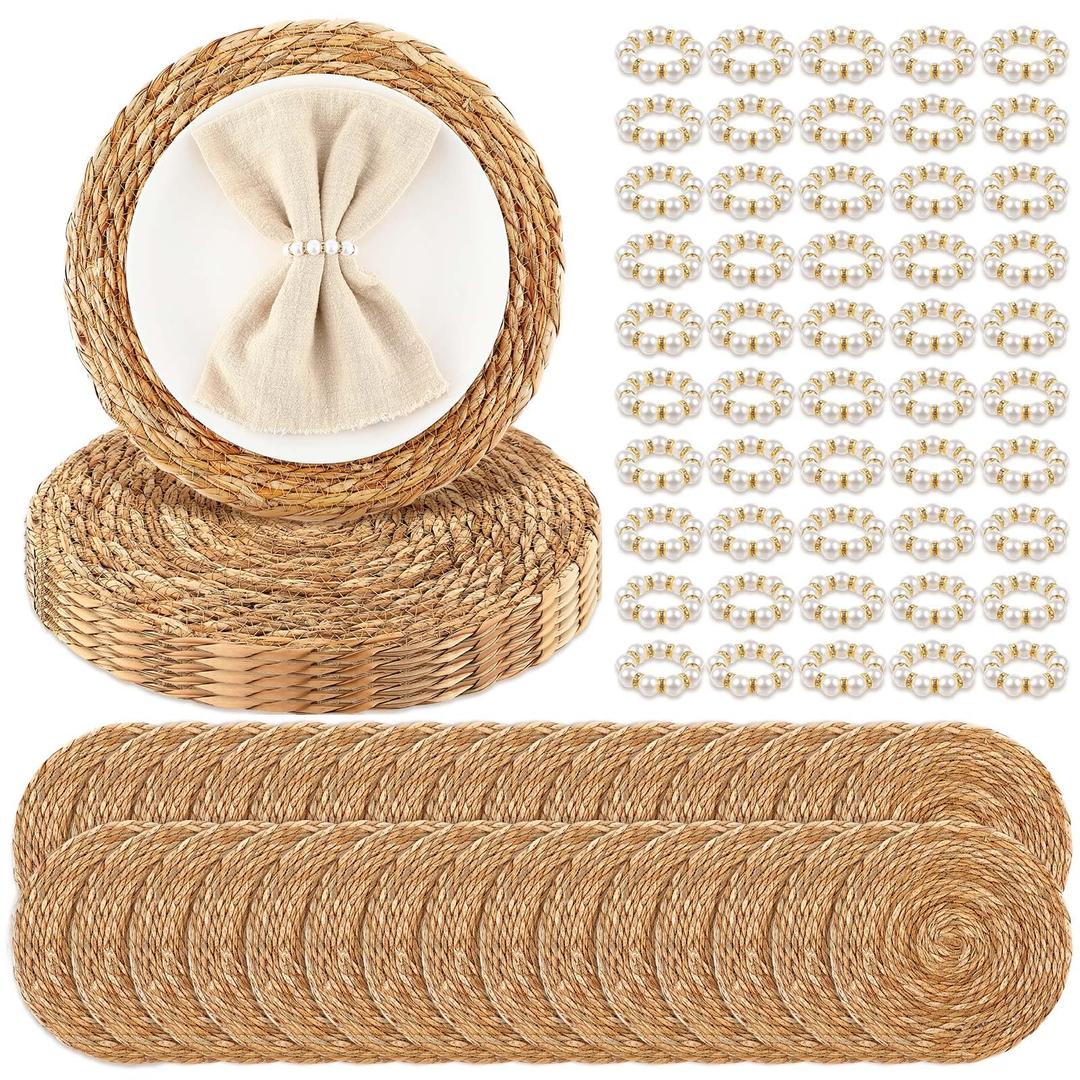 Gandeer 100 Pcs 12 Inch Cattail Round Woven Placemats Set, Cattail Placemats with Pearl Napkin Rings Boho Farmhouse Rustic Woven Chargers Natural Mat Bulk for Wedding Party, Dinner Table