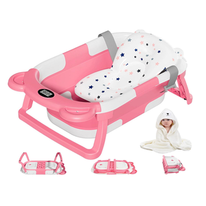 MoreFeel Collapsible Baby Bathtub for Newborn with Thermometer & 1 Hooded Towel & 1 Soft Floating Cushion,Portable Travel Bathtub with Drain Hole, Durable Foldable Baby Tubs for Infants to Toddler
