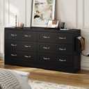 DWVO 59" W 6 Drawers Dresser, Large Chest of Drawers, Black Retro Wood Rattan Dresser with Large Rattan Drawers, Storage Organizer Unit with Dual Tip-Resistant Kits for Living Room