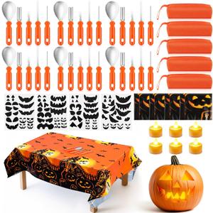 44 Pcs 6 Set Halloween Pumpkin Carving Kit Heavy Duty Stainless Steel Pumpkin Carving Tools with Storage Bag Tablecloth Stickers Tea Lights for Family Party Halloween Decor