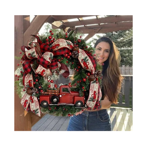 Christmas Wreath for Front Door, 18 Inch Red Truck Christmas Door Wreath with Bowknot, Artificial Red Berries, Rustic Holiday Xmas Decorations Vintage Farmhouse Wreaths for Outdoor, Indoor, Window (C)