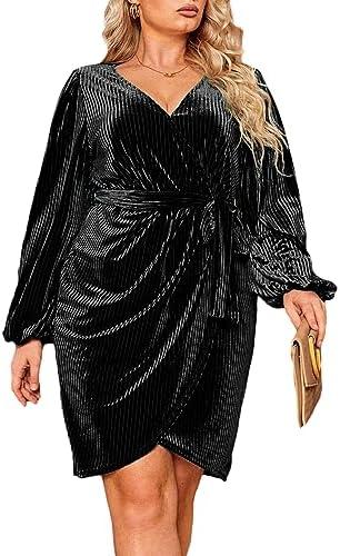 BerryGo Women's Plus Size Long Sleeve Wrap Semi Formal Velvet Mini Dress Sexy Cocktail Party Winter Club Dress 1XL