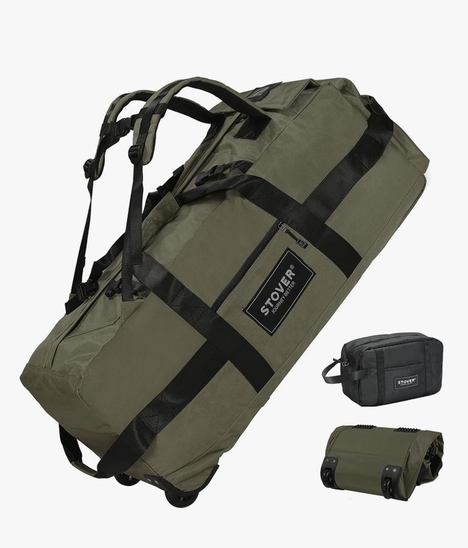 STOVER 80L Rolling Duffel Bag with Wheels, Large 31 Inch Durable Travel Duffle + Toiletry Bag, Heavy Duty, Packable, Foldable w/Shoulder Straps- Use as Luggage or Backpack, Men/Women (Green)
