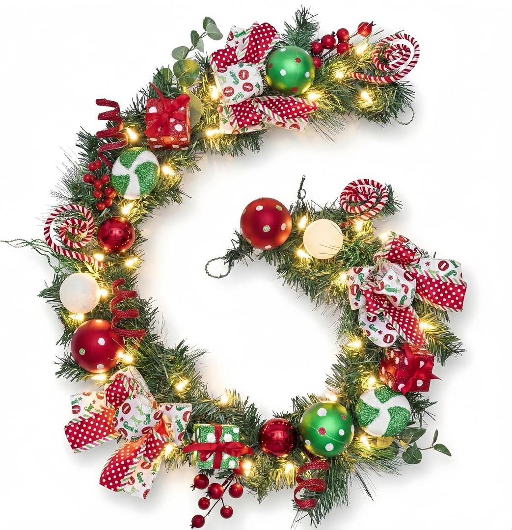 Valery Madelyn 9 Feet Pre-Lit Christmas Garland with Lights for Mantle, Lighted Outdoor Xmas Garland with Red Green White Balls & Bows for Home Stairs Fireplace Table Centerpiece Indoor Holiday Decor