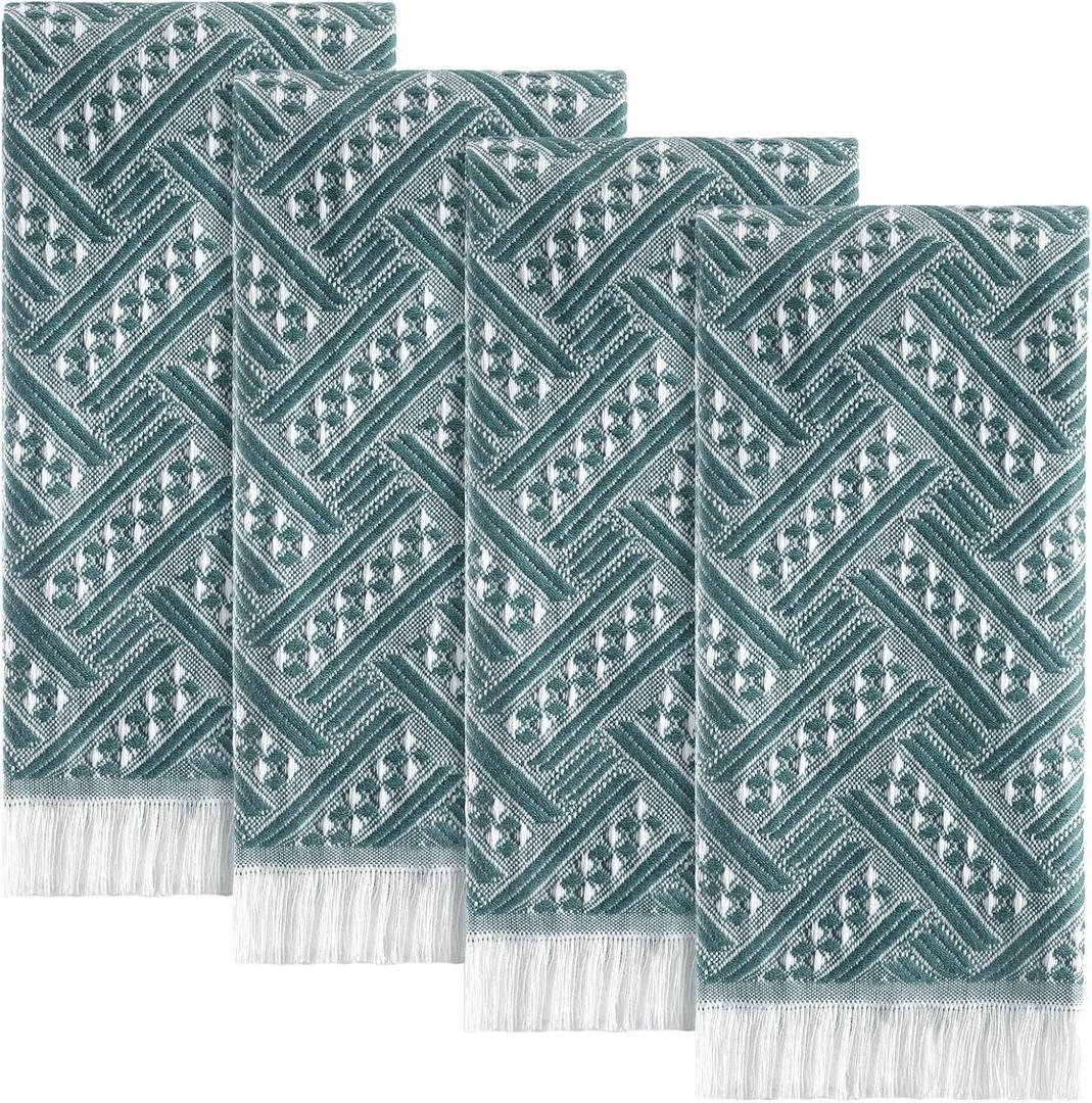 4 Pack Boho Bathroom Hand Towel 14 x 30 Inch 100% Turkish Cotton Decorative Boho Kitchen Hand Towel Farmhouse Bathroom Decor Set Absorbent Soft Guest Tea Gift (Green,white)