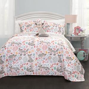 Lush Decor Pixie Fox Reversible Quilt Set, 3 Piece Set, Twin, Gray & Pink - Fun Lightweight Twin Bedding for Kids - Girls Pink Bedroom Decor