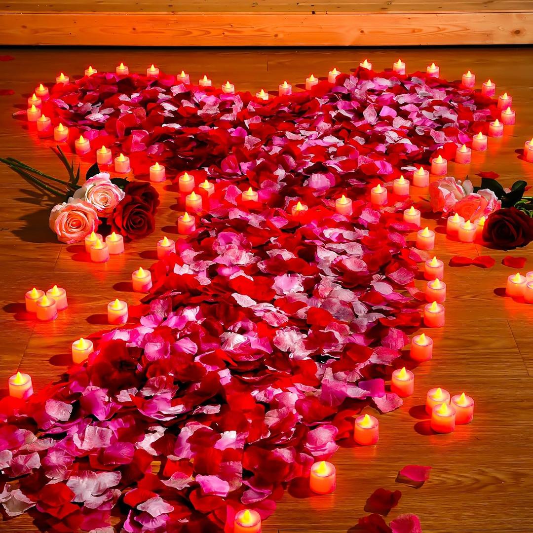 Coume 6000 Pcs Artificial Rose Petals with 72 Pcs Flameless LED Candles Romantic Decorations Fake Candles Happy Anniversary Decorations for Wedding Night(Red with Red Series Petal)