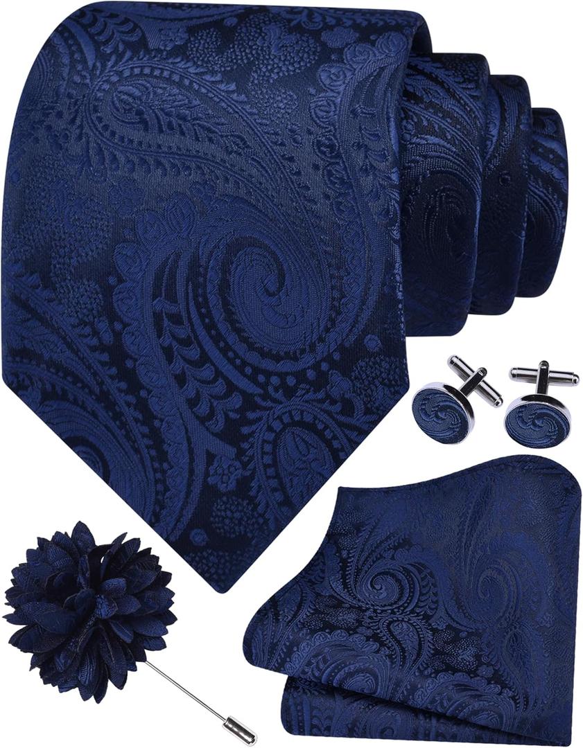 GUSLESON Paisley Tie Set for Men 3.15" Necktie Lapel Pin Hankerchief Cufflinks Set for Men (Blue)