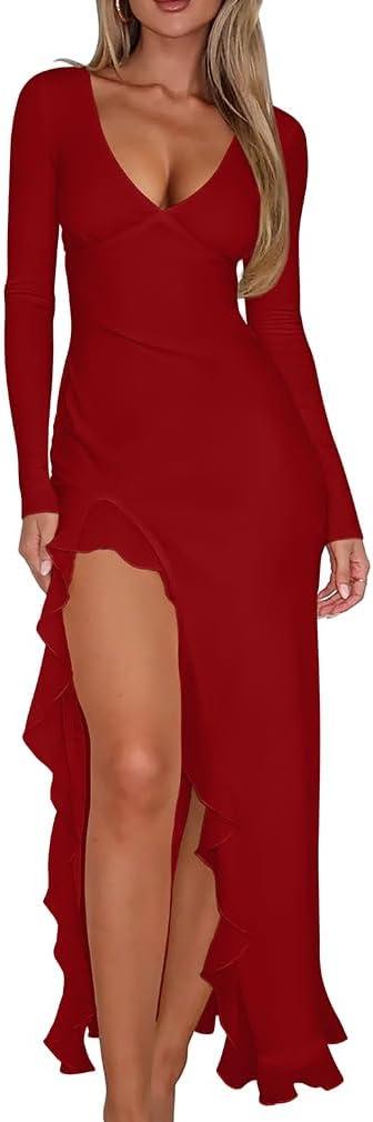 XXTAXN Women's Sexy Elegant V Neck Long Sleeve Ruffle Hem Split Party Prom Maxi Dress Red (Red, L)