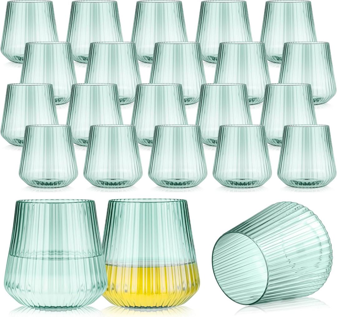 24 Pack Green Plastic Wine Cups, 14oz Disposable Stemless Ribbed Wine Glasses for Christmas, Unbreakable Outdoor Cocktail Glasses, Heavy Duty Reusable Drinking Cup for Thanksgiving Party Wedding