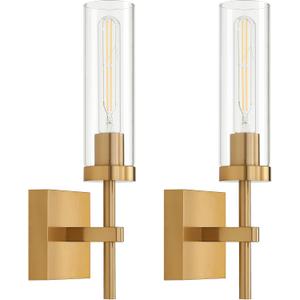 Gold Battery Operated Wall Sconce Set of 2, Wireless Wall Sconces with Remote Control, Rechargeable LED Dimmable Wall Light for Bedroom Bathroom Hallway Living room Entryway Stairwell, 3000K (Battery 16 Inch, Brushed Gold & Clear Glass)