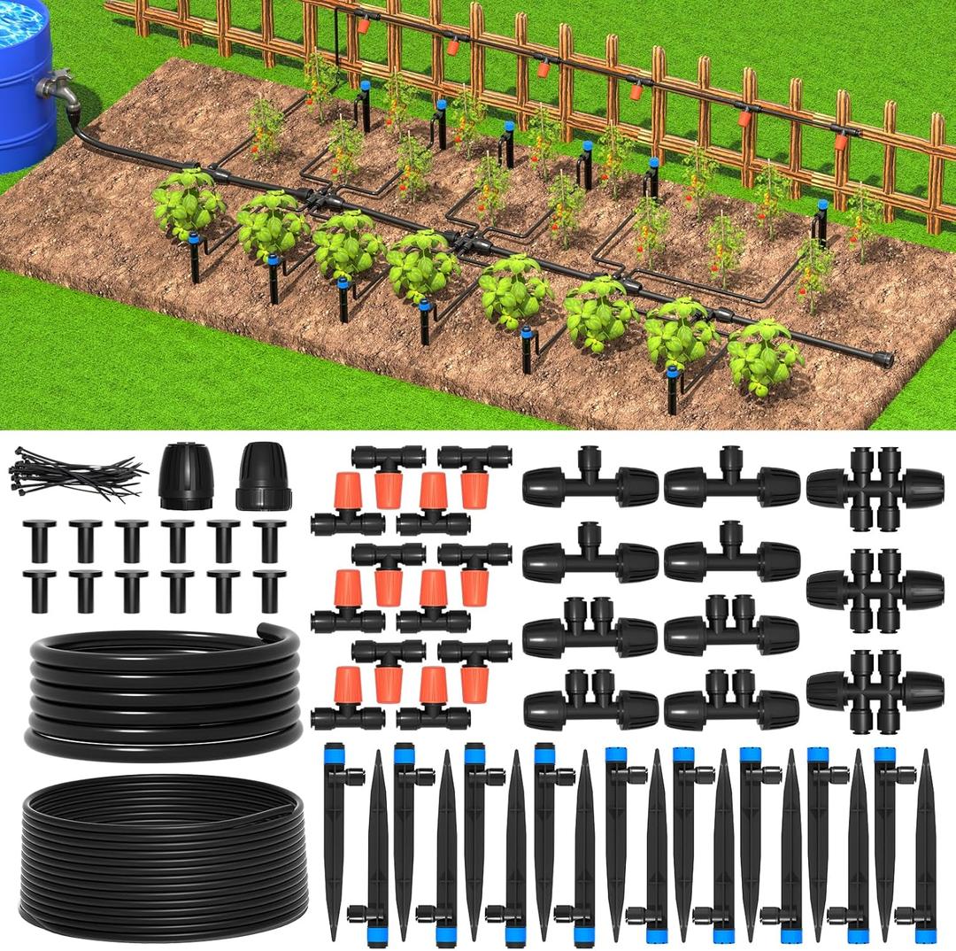 MIXC Greenhouse Micro Drip Irrigation Kit Automatic Irrigation System Patio Misting Plant Watering System with 1/4 inch 1/2 inch Irrigation Tubing Hose Adjustable Nozzle Emitters Barbed Fittings ((Upgraded) 26FT Main Tube+75FT 1/4'' Tube)
