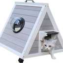 Deblue Outdoor Cat House for Feral Cats, Weatherproof Wooden Cat House for Small Pets, Unique Cat Shelter with Escape Door, Clear Window-Grey