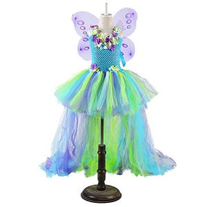 Tutu Dreams Fairy Dress Girls Kids Renaissance Faire Costume Princess Butterfly Wings Flower Girl Birthday Carnival Party Dress Up Clothes (Blue, L)