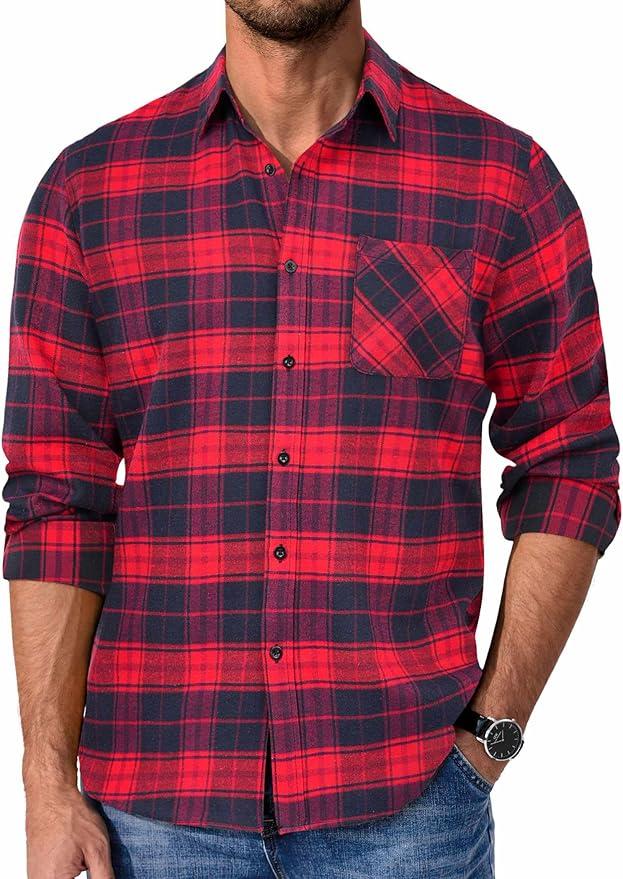 COOFANDY Mens Button Up Shirts Long Sleeve Blushed Cotton Flannel Shirt Lightweight Plaid Shirts Large