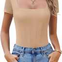 Avidlove Women's Short Sleeve Bodysuits Sexy Square Neck Bodysuit Mesh Double Lined T Shirt Leotard Tops Going Out (Nude), Small