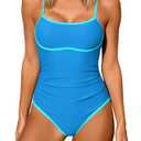 Eomenie Womens One Piece Swimsuits Tummy Control Slimming Bathing Suit for Women Color Block Swimwear Ruched Swim Suit (Blue, L)