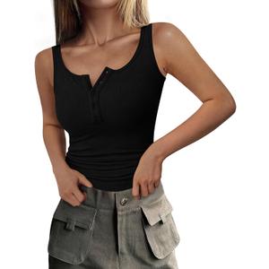 PRETTYGARDEN Womens 2026 Summer Tank Tops Ribbed Knit Slim Fit Sleeveless Henley Shirts Casual Basic Button Up Blouse (Large, Black)
