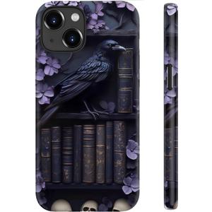 for iPhone 14 Plus Case Cute–Wireless Charging Compatible – Dual-Layer Hard Shell + Silicone Cover - Trendy Design – Protective Phone Case for Women - Purple Gothic Raven Bookshelf