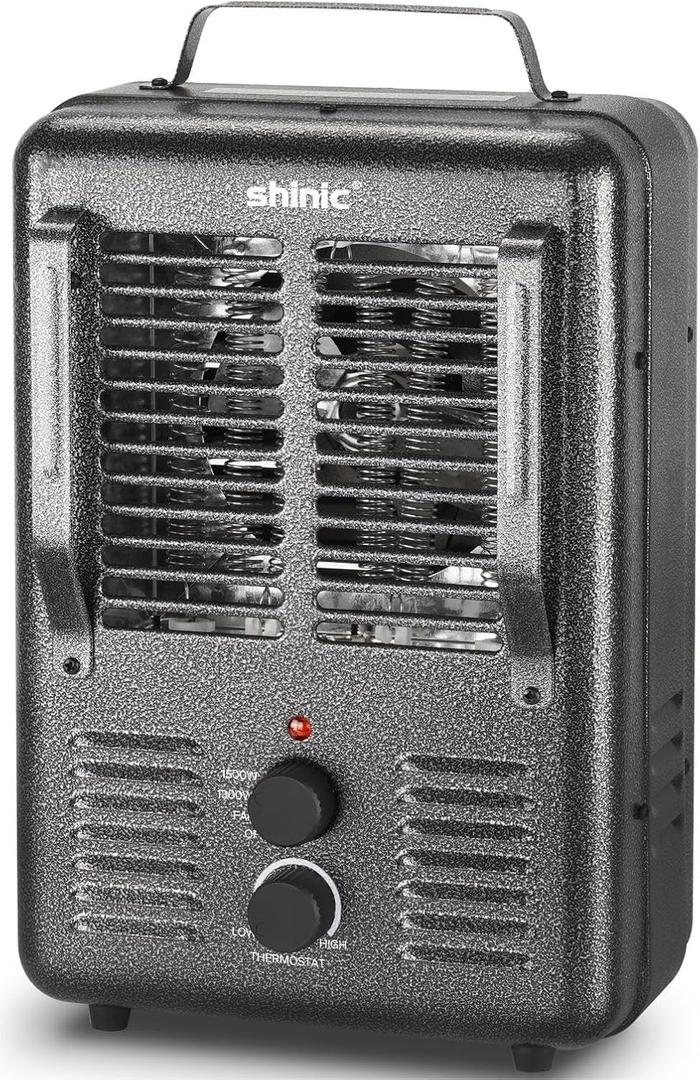 Shinic Space Heater,1500W Milkhouse Heater with Thermostat, Stay Cool Durable Metal Housing, Overheat protection, 3Prong Plug, TipOver Auto Shut Off, Utility Heater for Garage, Bedroom, Greenhouse