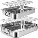 2 Pcs 12.7"15.5" Stainless Steel Roasting Pans with Handles, Baking Pan for Oven with 2 Pcs Flat Racks, Heavy Duty, Dishwasher Safe Rectangular Lasagna Pan with Handles for Turkey Chicken, Silver