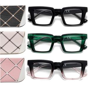 Oprah Style Reading Glasses for Women Blue Light Blocking Square Oversized Stylish Thick Readers Spring Hinge (3 Pack-a2)
