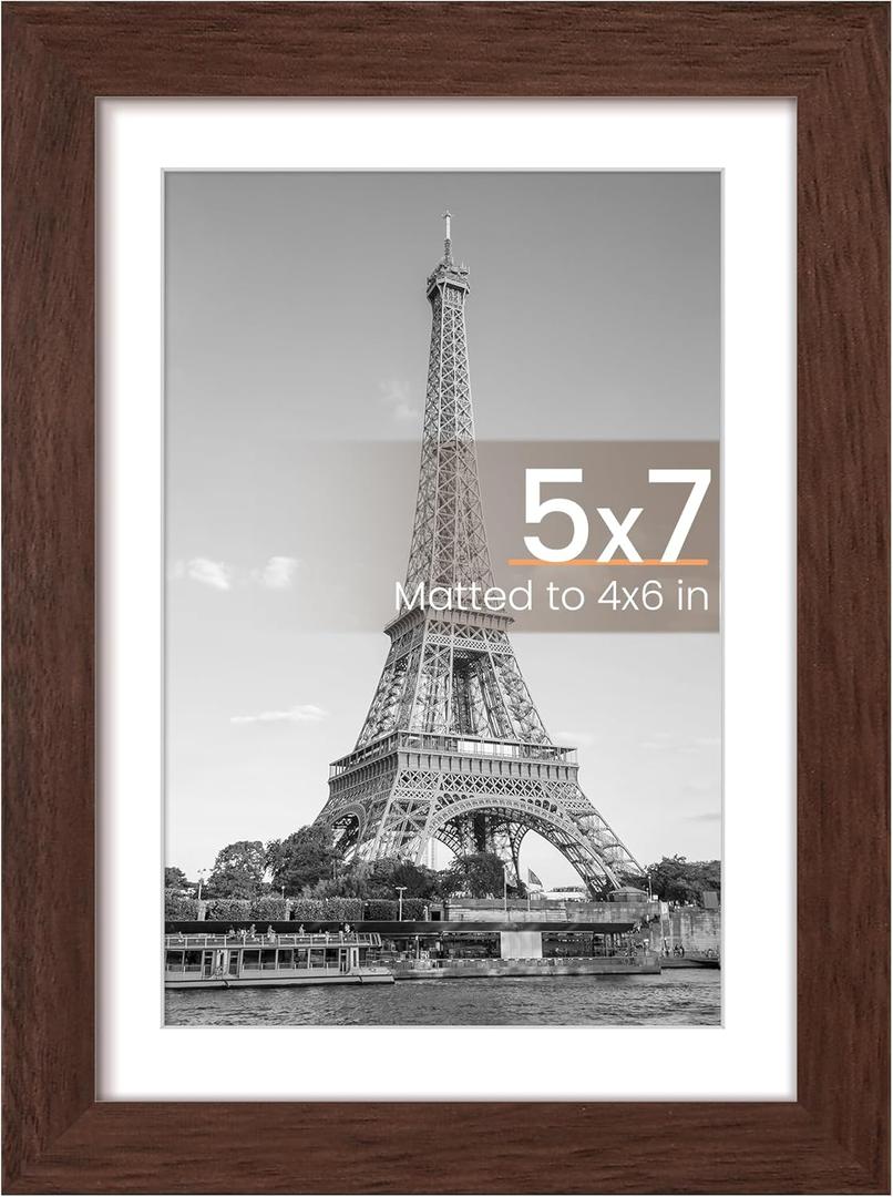 upsimples 5x7 Picture Frame, Display Pictures 4x6 with Mat or 5 x 7 Without, Wall Hanging Photo Frames, Brown, 1 Pack