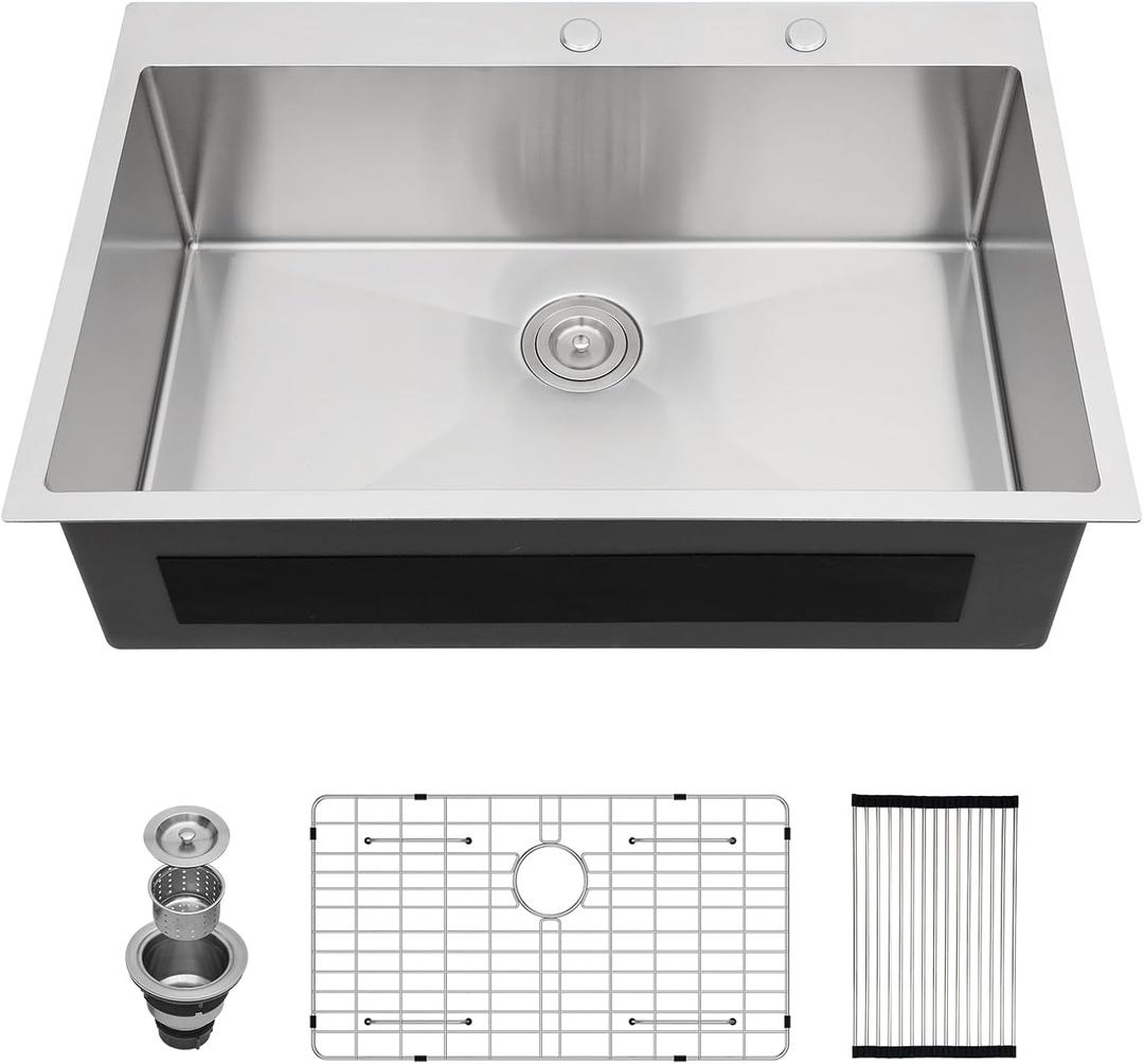 33x22 Drop In Kitchen Sink 16 Gauge Stainless Steel Kitchen Sink Single Bowl Round Corner Topmount Overmount Deep Basin Kitchen Sinks