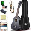 Everjoys Soprano Ukulele Beginner Pack-21 Inch w/Free Online Lesson Gig Bag Digital Tuner Pick Polishing Cloth All in One Kit (Black)