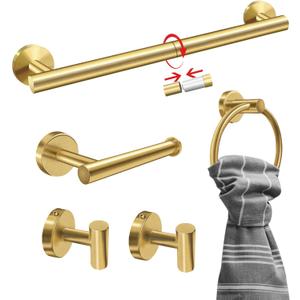 5PCS Brushed Gold Bathroom Accessories Set, Bathroom Hardware Set, Splicing 24 Inch Stainless Steel Bath Towel Bar Set, Gold Bathroom Accessories Wall Mounted 