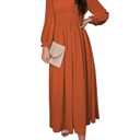 BLENCOT Casual Womens V Neck Fall Dresses Pleat Long Sleeve Midi Long Dress Flowy Bohemian Long Dress Solid Color Dark Orange Small