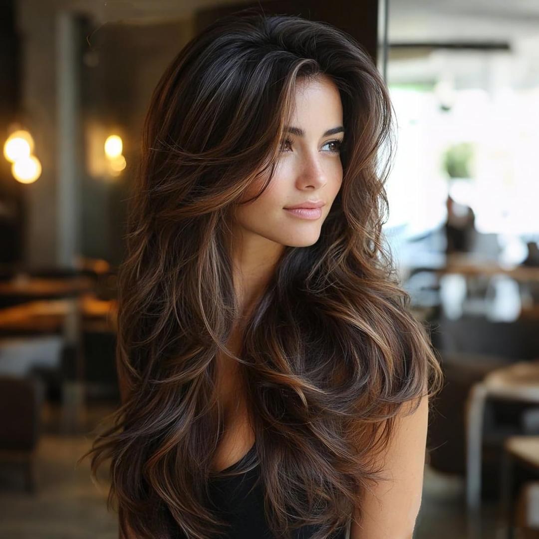 Long Brown Layered Hair Wig with Bangs for Women Synthetic Bombshell Curtain Bang Wig for Women with Blonde Highlight Curly Wavy Dark Brown Mix Blonde Hair for Girls Daily Party Use