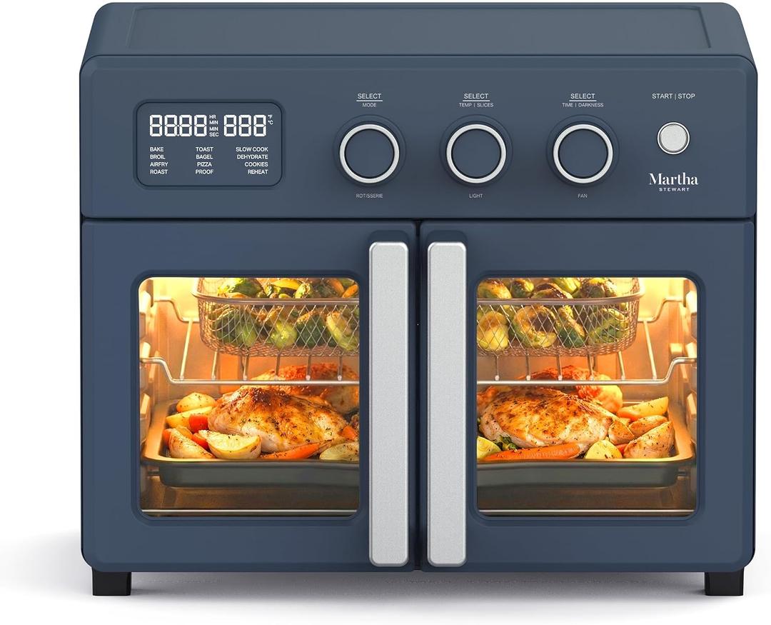 Martha Stewart French Door Air Fryer Toaster Oven Combo, 34QT Countertop Convection, 12-in-1, Bake, Broil, Roast, Fits 12 Pizza,Dehydrate,5 Accessories, Air Fry Basket, Stainless Steel, Indigo Blue