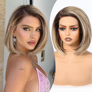 BLONDE UNICORN Ash Blonde Synthetic Lace Front Wig T Part Glueless Blonde Short Straight Bob Wigs for Women Daily Party Use 12IN