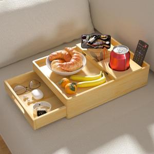 Couch Cup Holder, 7-in-1 Couch Caddy Tray, Sofa Side Table with Push-Pull Drawer to Organize and Store Small Objects, 360Swivel Phone Holder, for Drinks, Cups, Snacks, Remote (Natural Pine Wood)