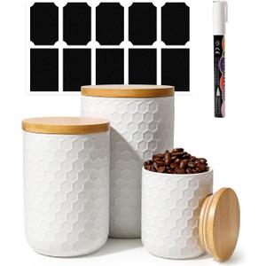 Kitchen Canisters Set with Airtight Bamboo Lid, White Honeycomb Design, Ceramic Canister Set of 3, Sugar Flour Coffee Containers for Countertop, Food Storage Container Jars Set