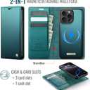 Wallet Case for iPhone 15 Pro Max Compatible with Magsafe, 2-in-1 PU Leather Flip RFID Blocking Card Holder Stand Shockproof Magnetic Detachable Cover for iPhone 15 Pro Max 6.7", Bluegreen
