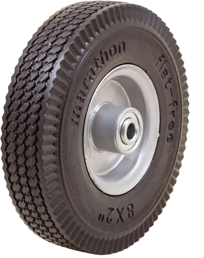 Marathon 33102 8x2" Flat Free, Hand Truck / All Purpose Utility Tire on Wheel, 2.375" Centered Hub, 1/2" Bearings