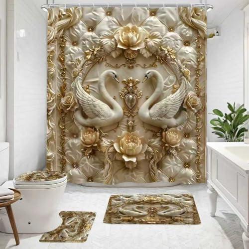 NBVKO 4Pcs Luxury Swan Reliefs Printed Shower Curtain Set with 12 Hooks Non-Slip Rugs,Toilet Lid Cover and Bath Mat, Stylish Bathroom Decor for Hotel & Home Bathroom