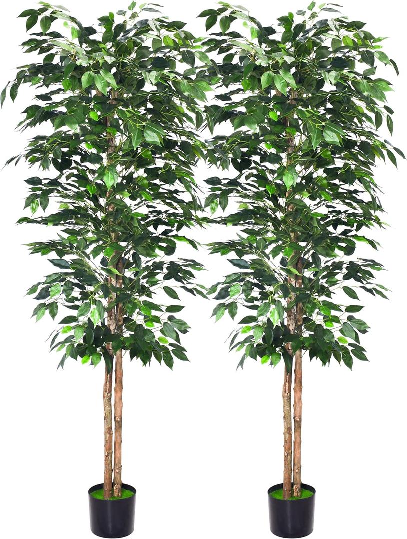 6Ft Artificial Ficus Trees with Silk Leaves Fake Moss and Sturdy Nursery Pot, Fake Plants for Office Home Decor (6Ft -2Packs)