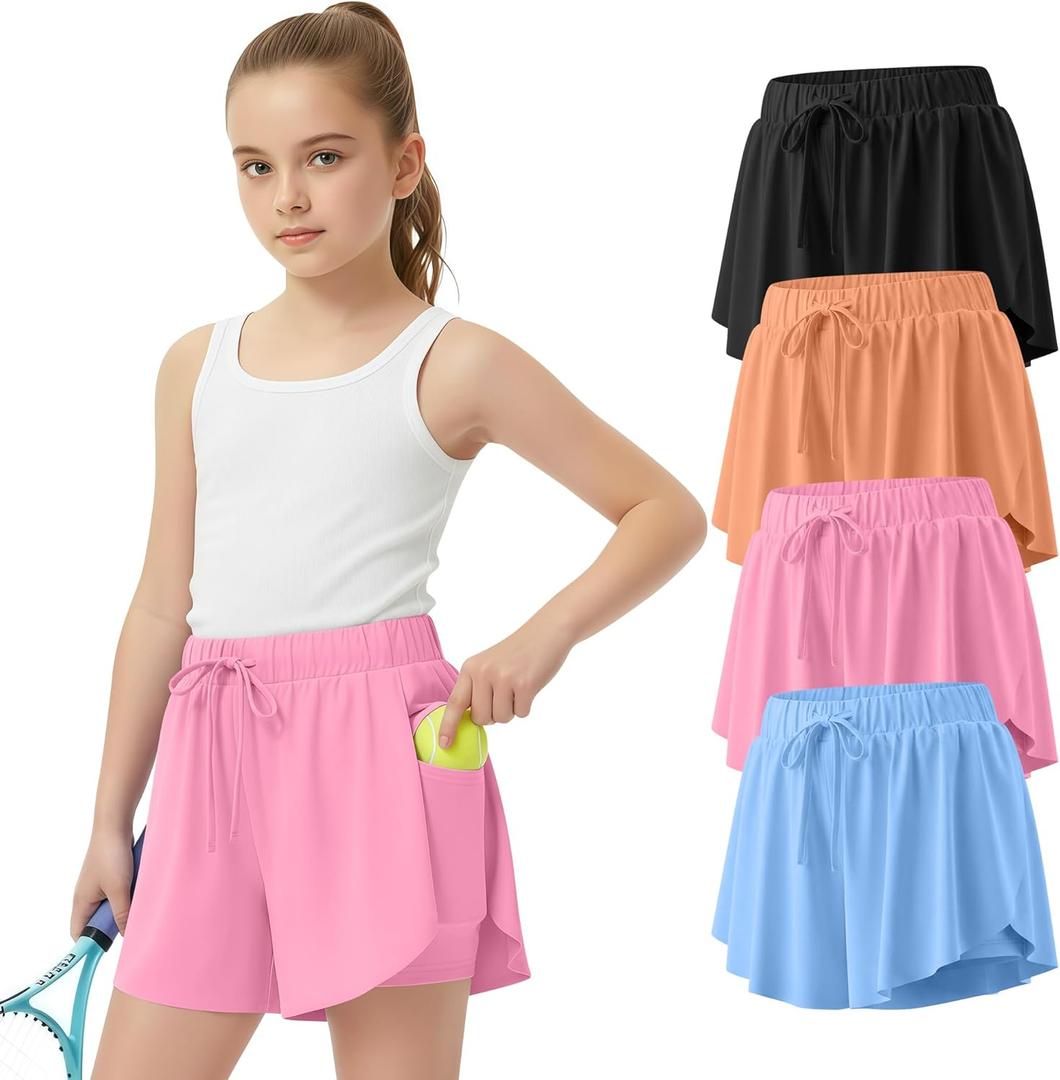 Didaey 4 Pack Girl's Athletic Flowy Shorts Kids Butterfly Short with Pockets 2 in 1 Drawstring Sports Skirts for 5-14 Years (Blue, Light Pink, Light Orange, Black)