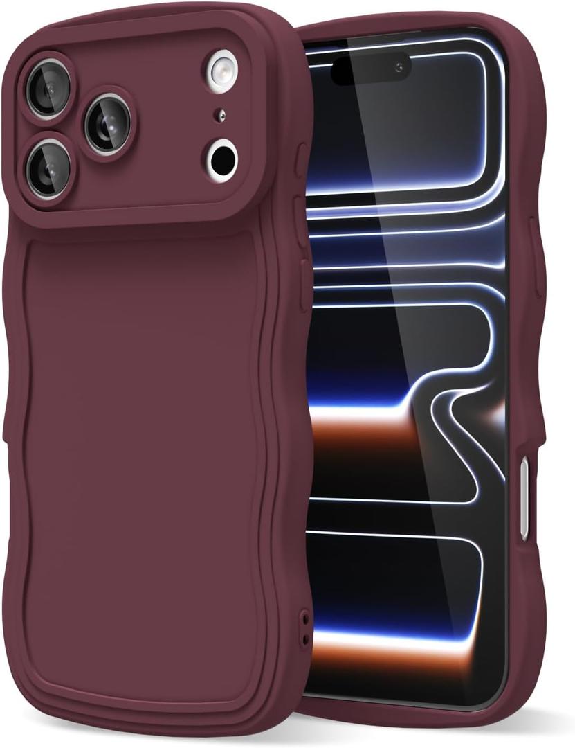 oakxco Girly Silicone Case for iPhone 17 Pro Max Generation, Wavy Curly Phone Case for Women Aesthetic, Y2k Cute Wave Frame Ripple Design, Soft Rubber Matte Plain Case, Burgundy Wine