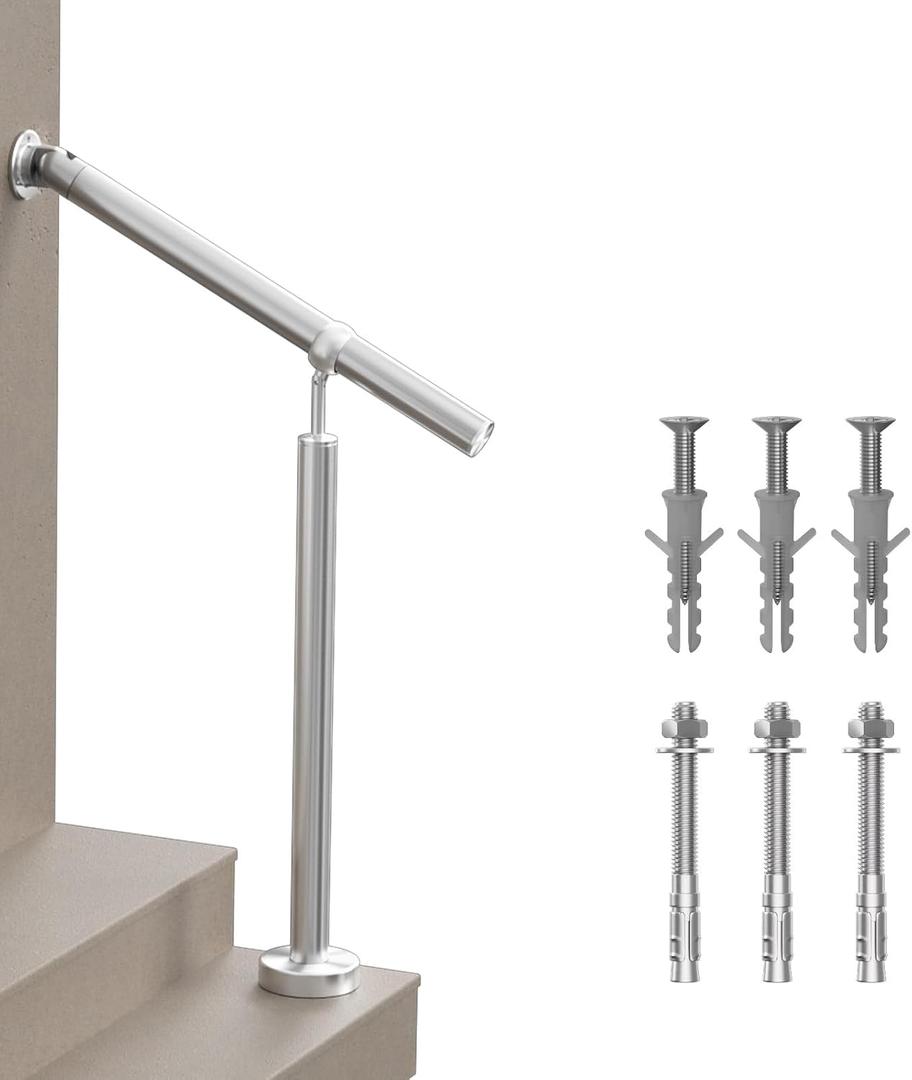 Hand Rails for Steps, 1-2 Step Stainless Steel 304 Single Post Stair Handrail Wall Mount, Indoor Outdoor Stair Railing Kit, Porch Safety Grab Rail Bar for Seniors