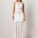 Sexy Pleated Ruched Crop Tank Tops for Women Mock Neck Sleeveless Mesh See Through Double Linery Tank Tops (White)