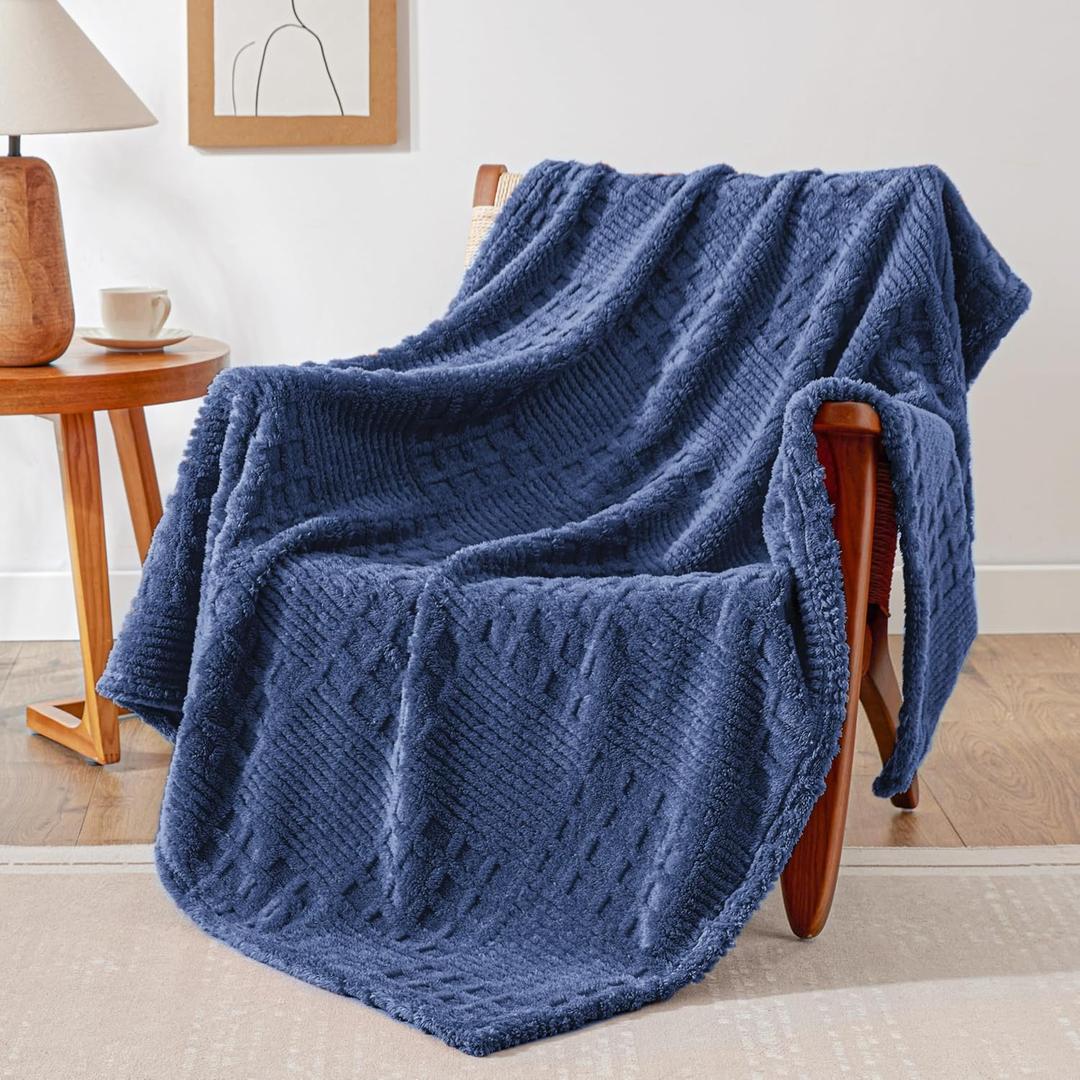 EXQ Home Fleece Throw Blanket for Couch or Bed - 3D Waffle Patchwork Pattern Jacquard Decorative Blankets - Cozy Soft Lightweight Fuzzy Flannel Blanket Suitable for All Seasons(50"60",Dark Blue)