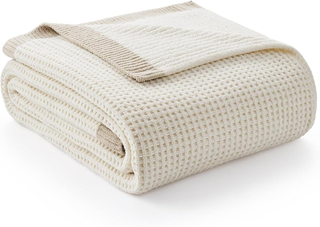 Amlie Home Chenille Throw Blanket, Soft Cozy Waffle Throw for Couch & Sofa, Warm Yet Lightweight, Breathable All-Season Throws for Women Men, Housewarming, Birthdays, 50"x60", Ivory