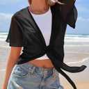 MEROKEETY Women's Summer Lightweight Sheer Shrugs Tie Front Chiffon Cardigan Cover Up Shawls for Evening Dresses (Black, XL)