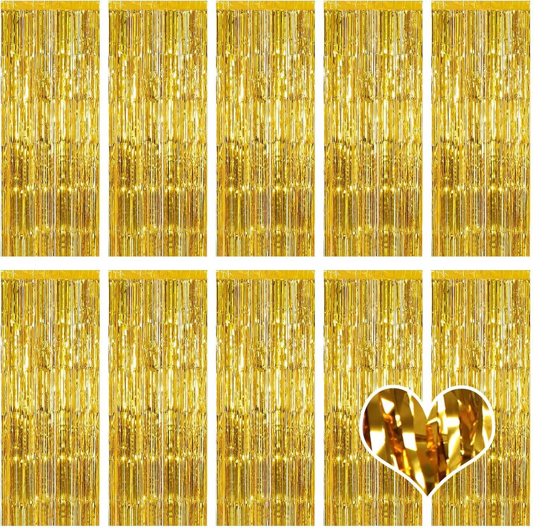 10 Pack Gold Backdrop Curtain 3.2ft x 8.2ft Metallic Tinsel Foil Fringe Curtains Photo Booth Background for Birthday Party Decoration Baby Shower Engagement Wedding Christmas Decoration (Gold)