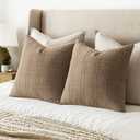 MIULEE Decorative Linen Check Euro Shams Throw Pillow Covers Neutral Farmhouse Vintage Pillow Covers 22x22 Set of 2 Boho Modern Winter Home Decor for Sofa Couch Bedroom Cushion Light Brown